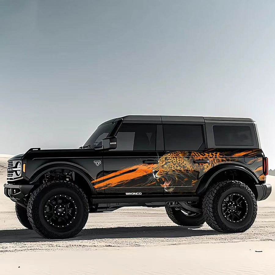 Leopard Streak SUV Decal – Dynamic Animal Side Graphic Kit on Black Ford Bronco in Desert