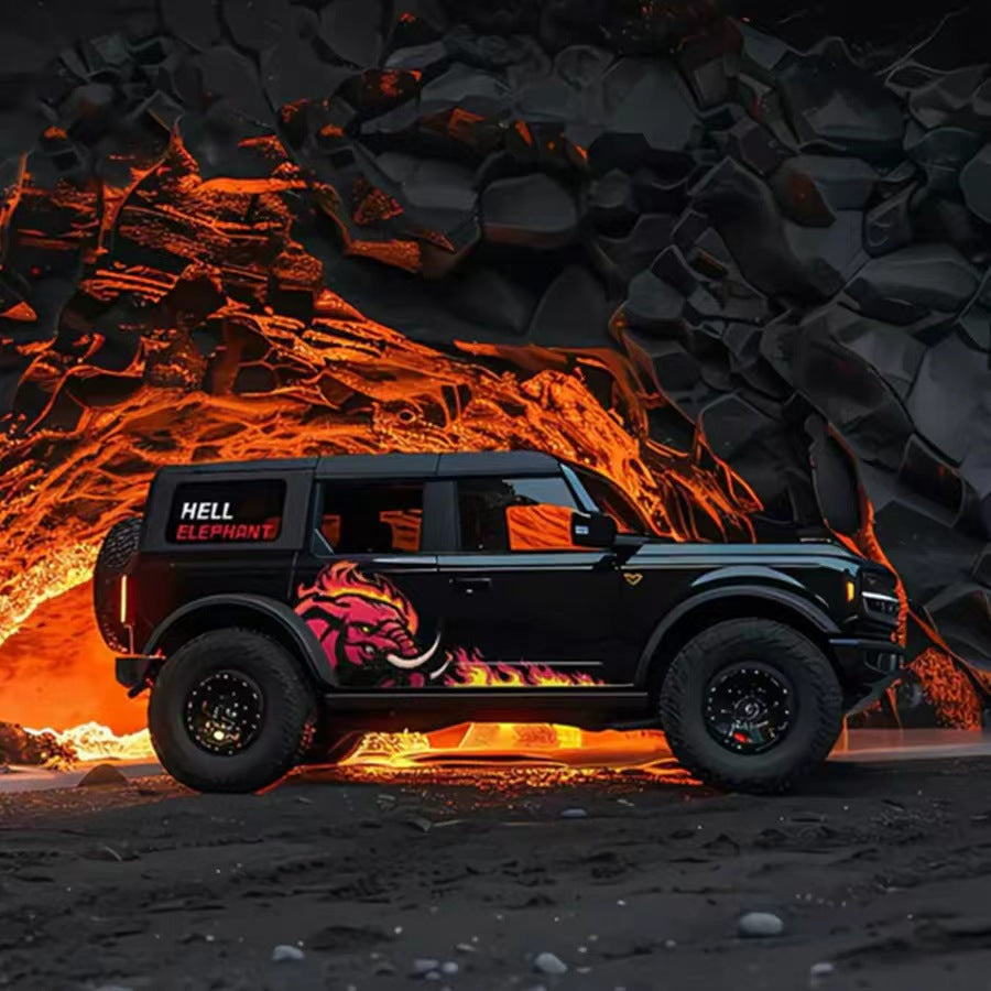 Flaming Elephant SUV Decal – Fire Beast Side Graphic Kit on Black SUV in Lava Scene