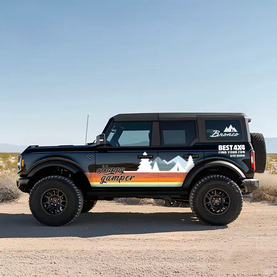 Black Ford Bronco with Retro Mountain Stripe Happy Camper Side Graphic Vinyl Wrap in Snow