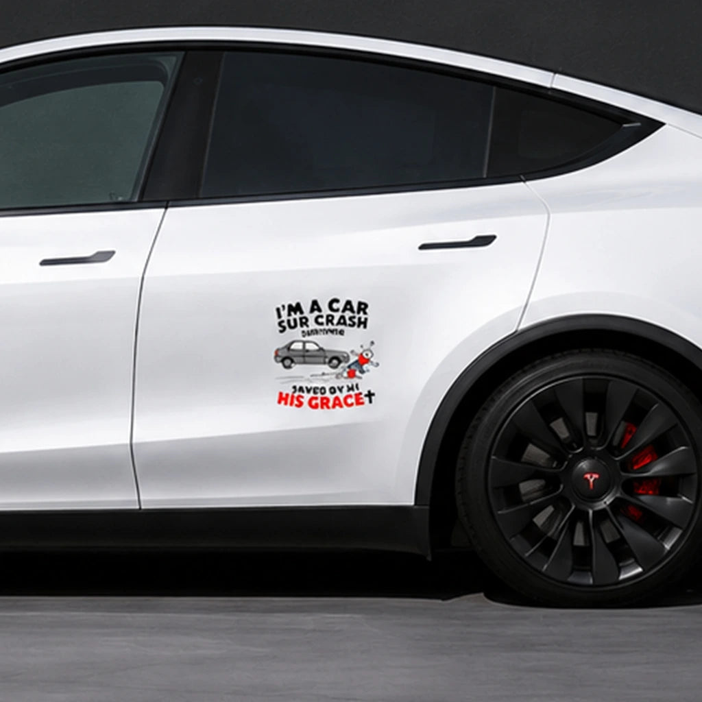 Funny car crash survivor vinyl decal applied on white Tesla Model Y door panel – Christian car sticker
