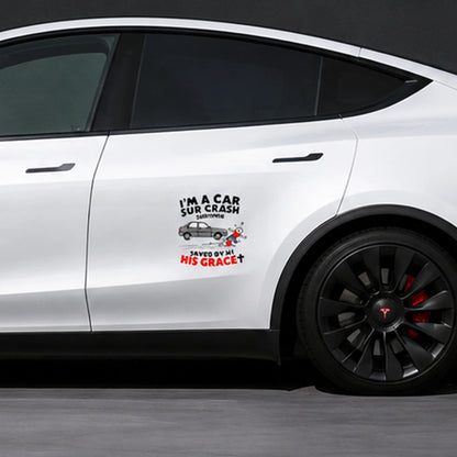 Funny car crash survivor vinyl decal applied on white Tesla Model Y door panel – Christian car sticker