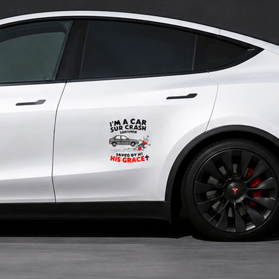 Funny car crash survivor vinyl decal applied on white Tesla Model Y door panel – Christian car sticker