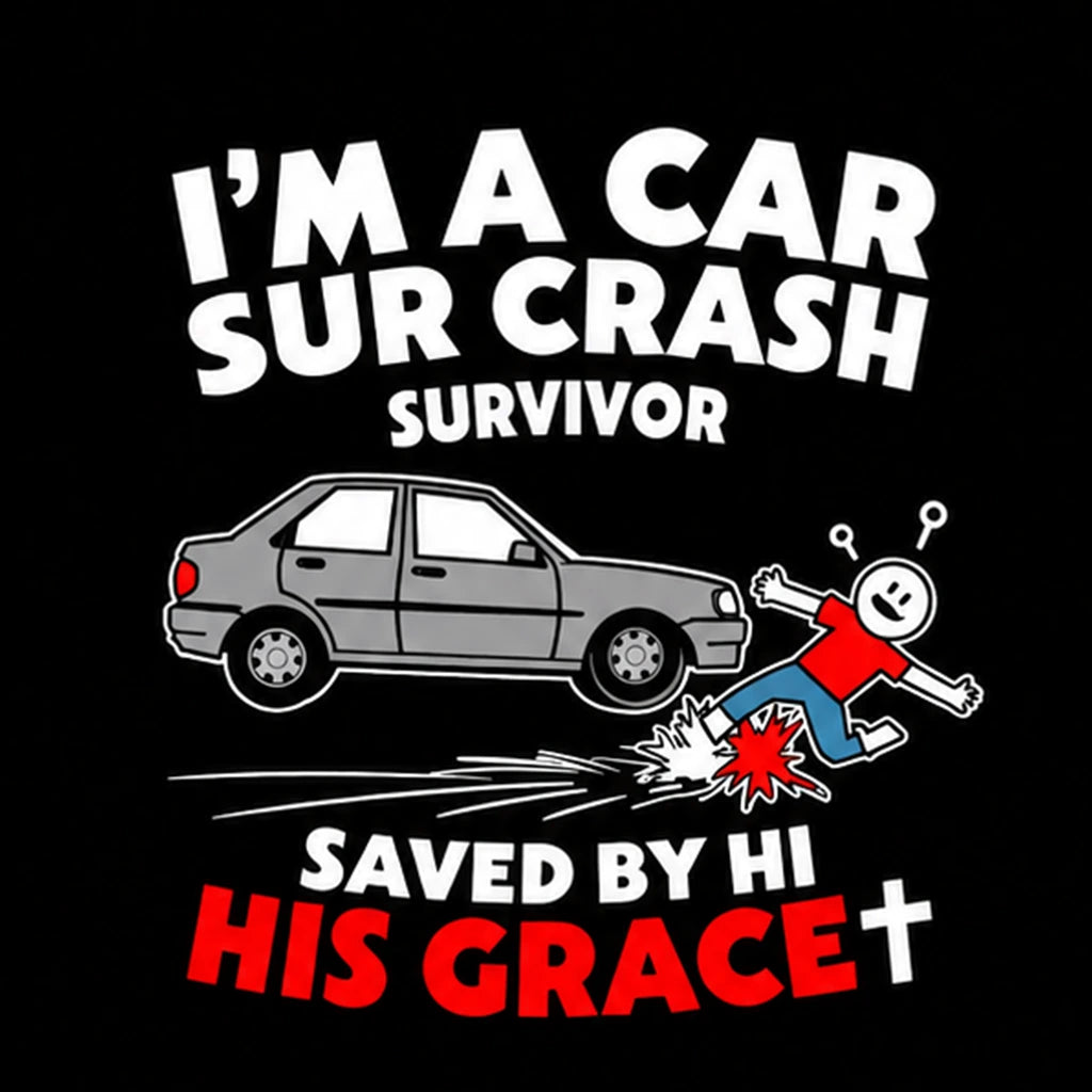 Car crash survivor saved by his grace funny Christian car decal design on black background – vinyl sticker