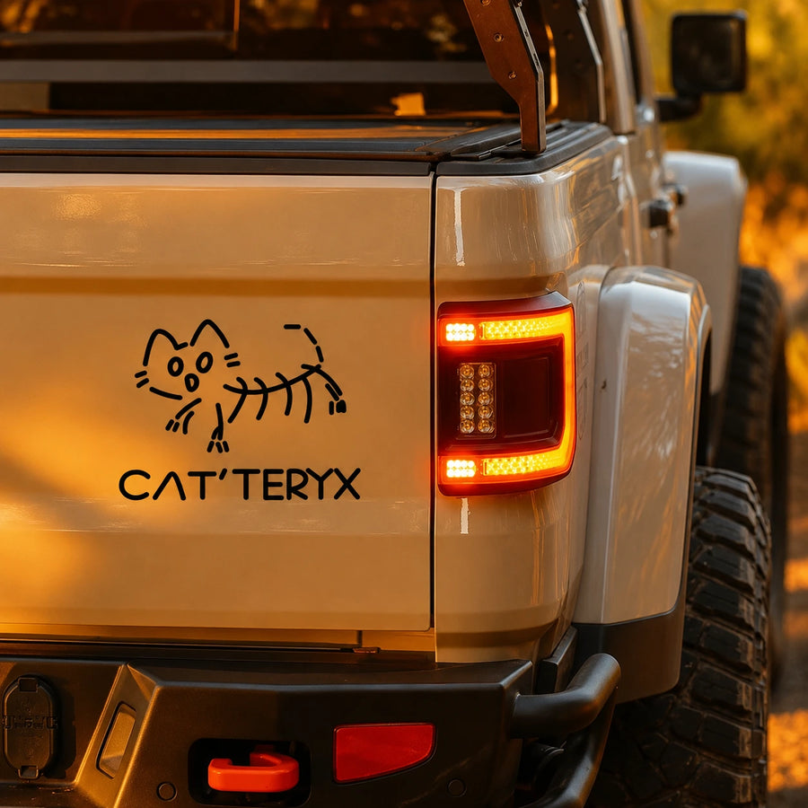 Cat'teryx funny cat vinyl decal sticker on Jeep Gladiator tailgate close up