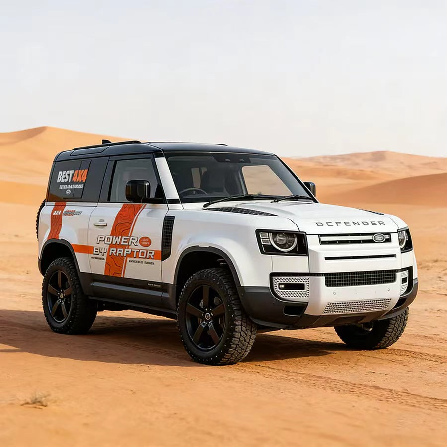 Orange Stripe Off-Road SUV Decal – Topographic Adventure Side Wrap on White Land Rover Defender in Desert