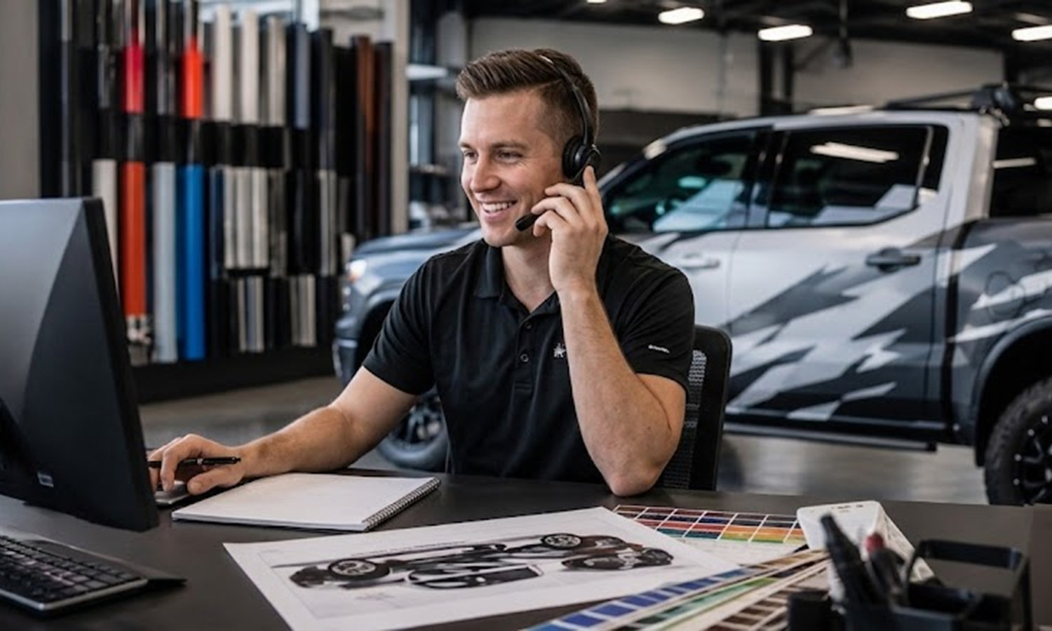 Chevrolet Silverado decal specialist providing customer support at automotive wrap design studio