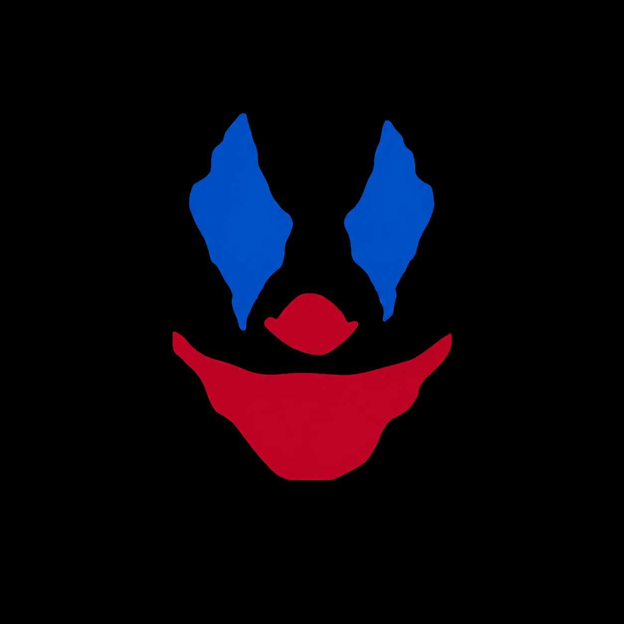 Clown face joker vinyl decal design isolated on black background showing blue diamond eyes and red smiling mouth minimalist style