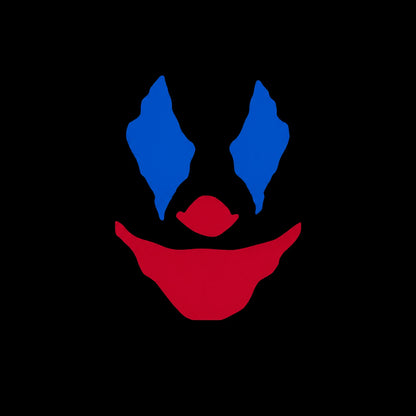 Clown face joker vinyl decal design isolated on black background showing blue diamond eyes and red smiling mouth minimalist style