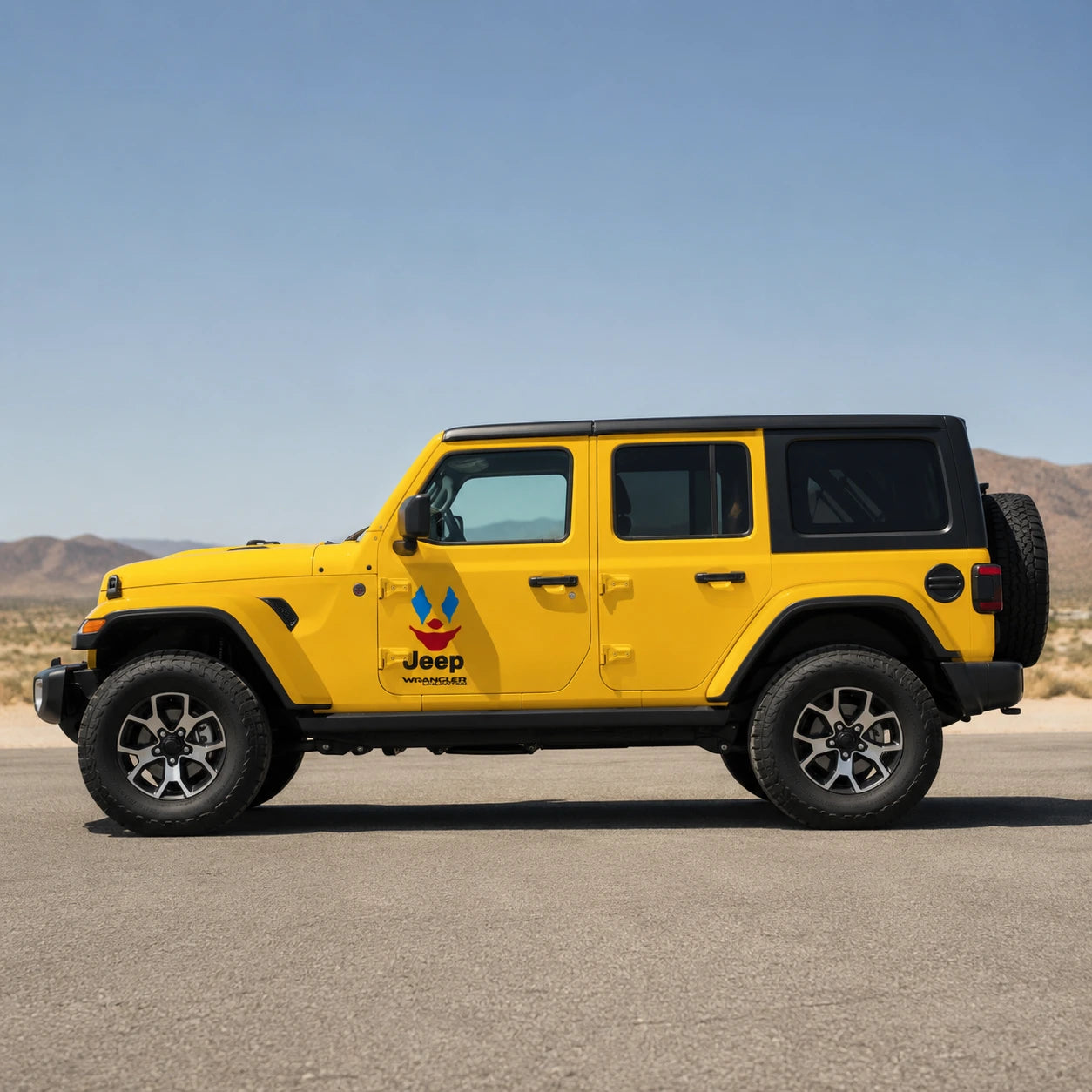 Clown face joker vinyl decal installed on yellow Jeep Wrangler Unlimited full side view in desert landscape