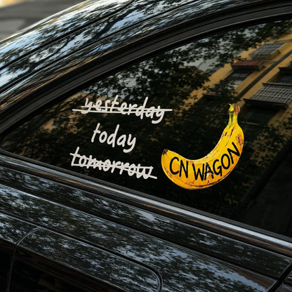 CN Wagon banana car window decal applied on black BMW rear window – Yesterday Today Tomorrow vinyl sticker
