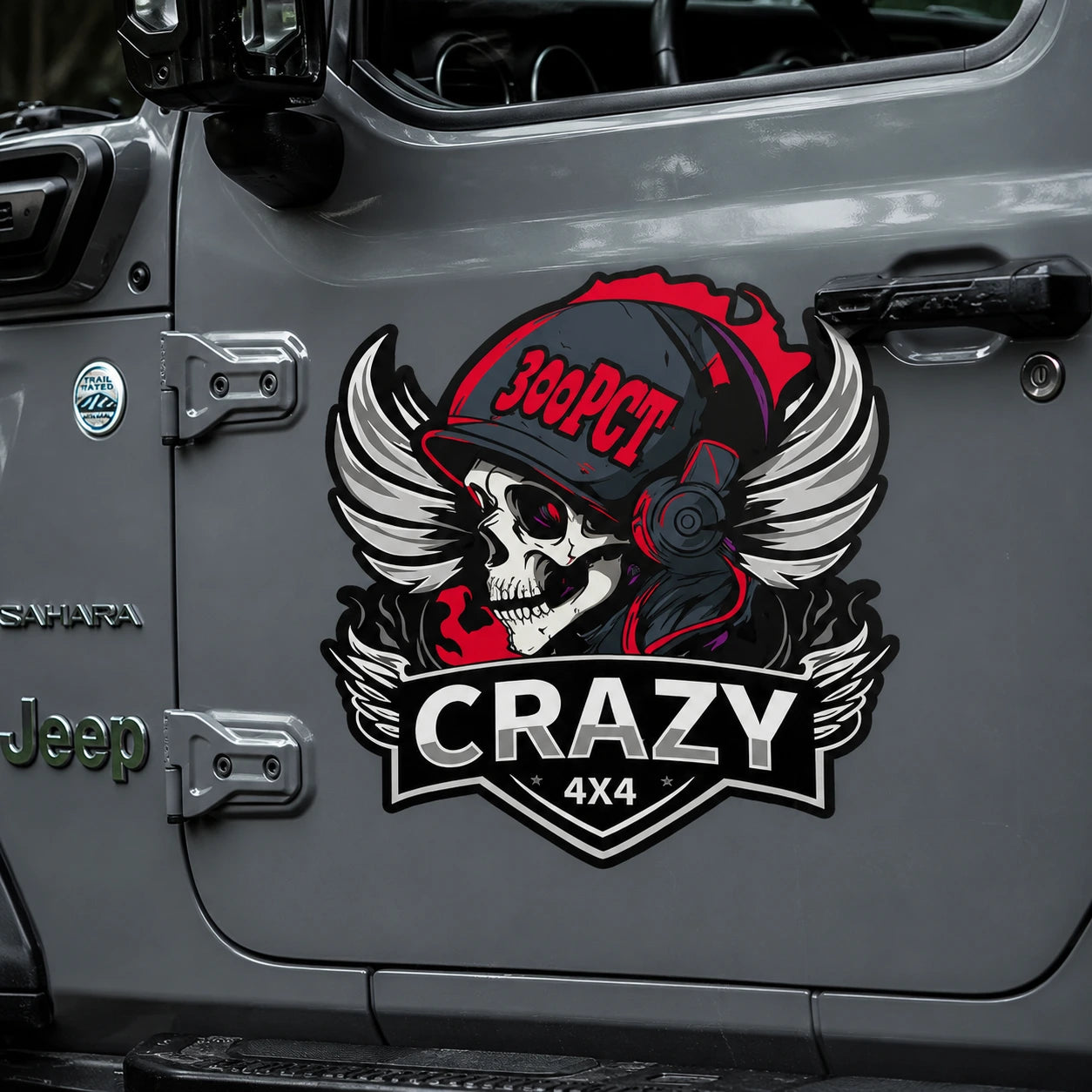 Crazy 4x4 300PCT skull vinyl decal sticker on gray Jeep Wrangler Sahara door close up