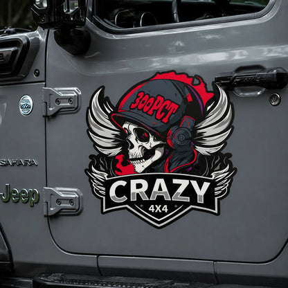 Crazy 4x4 300PCT skull vinyl decal sticker on gray Jeep Wrangler Sahara door close up