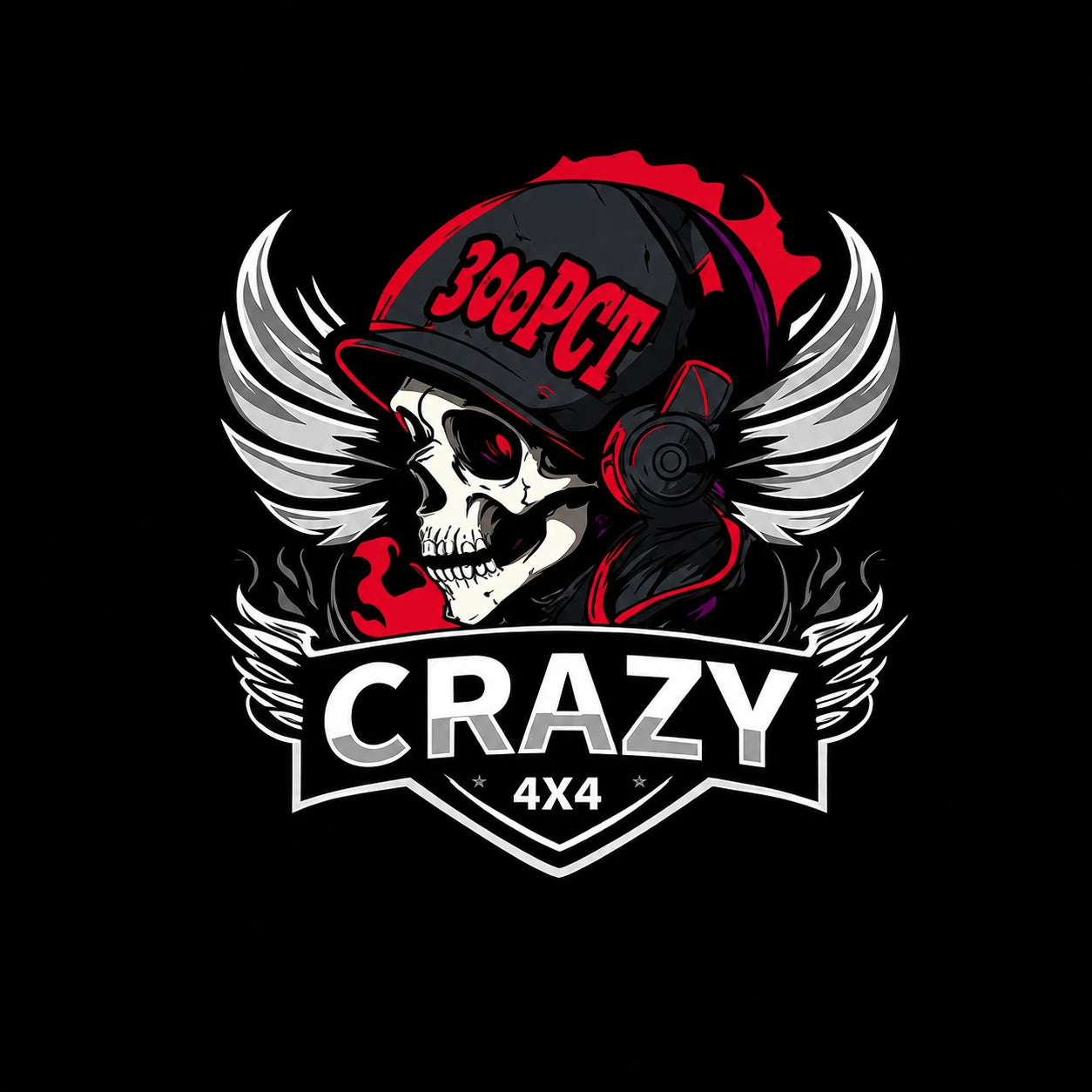 Crazy 4x4 300PCT skull vinyl decal logo red black wings snapback headphones black background