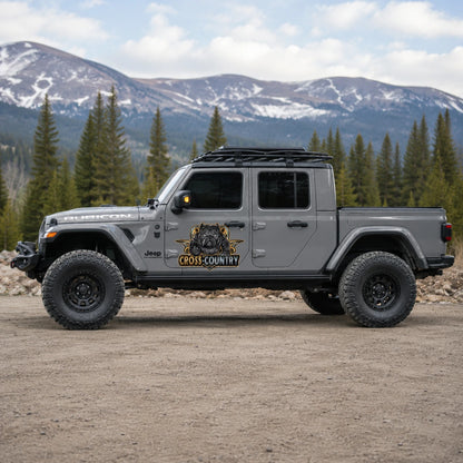 Cross-Country pitbull vinyl decal on Jeep Gladiator Rubicon full side view mountain background