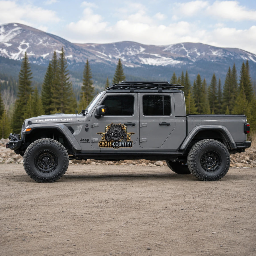 Cross-Country pitbull vinyl decal on Jeep Gladiator Rubicon full side view mountain background