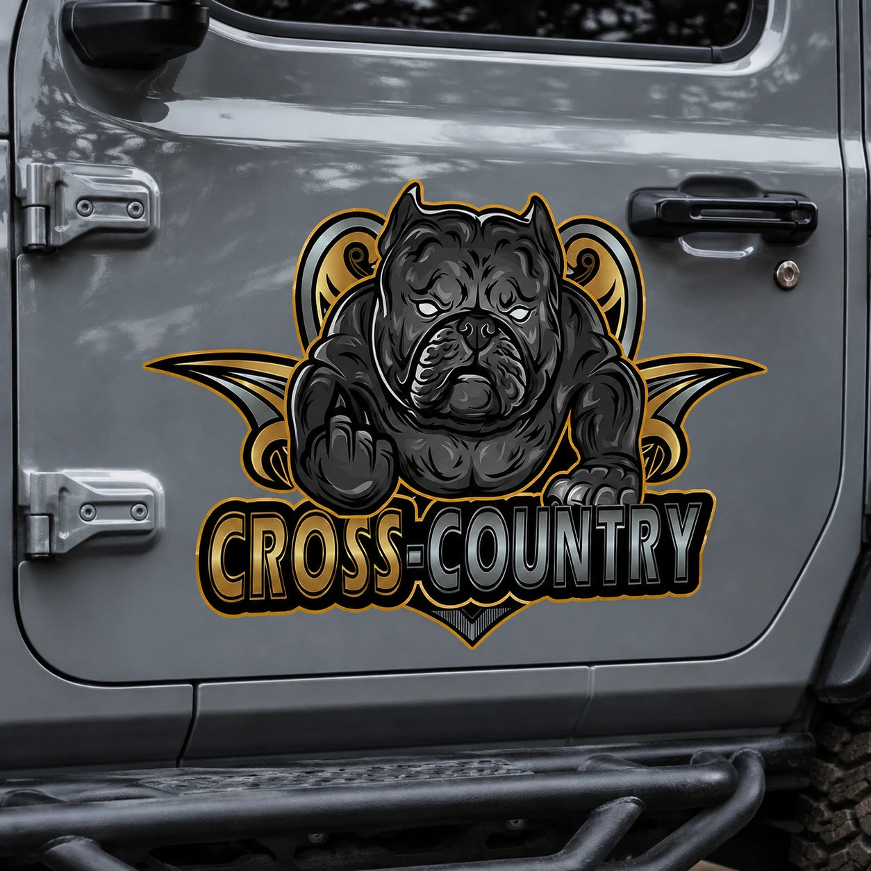 Cross-Country pitbull vinyl decal sticker applied on Jeep Wrangler door close up