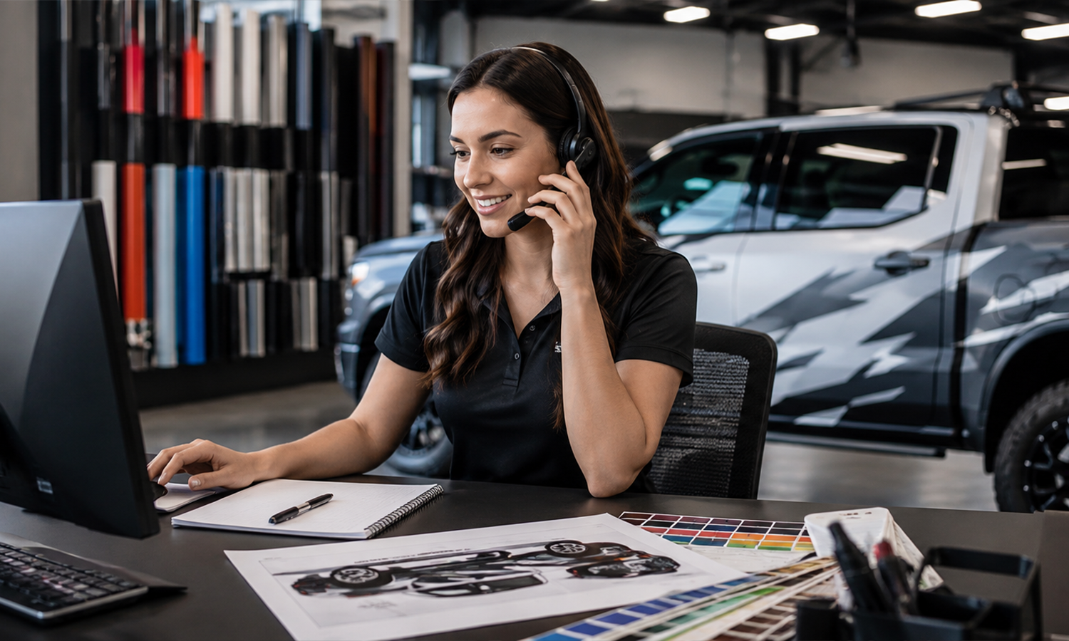 Custom vehicle decal design specialist consulting with customer at automotive wrap studio