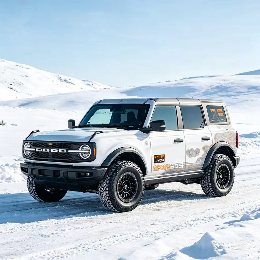 White Ford Bronco with Topographic Map Minimal Contour Side Graphic Vinyl Wrap in Snow