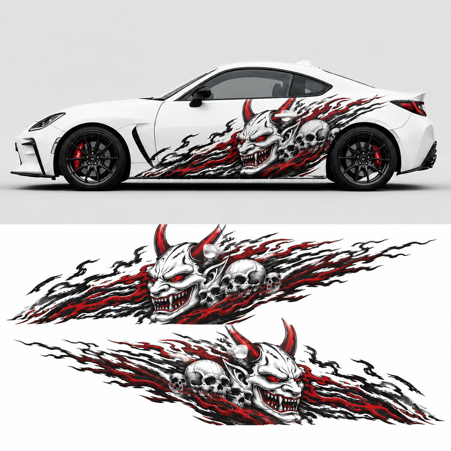 White Toyota GR86 with demon skull car side decal – full side profile mockup with flat left and right decal artwork below
