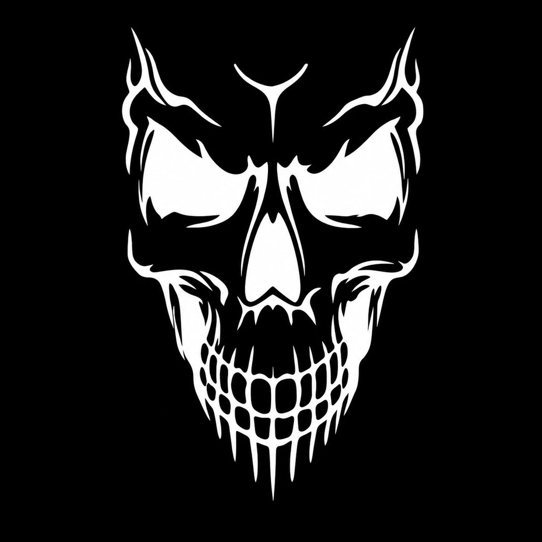 Demon evil skull vinyl decal design white on black background showing full detail with flame crown and exposed teeth