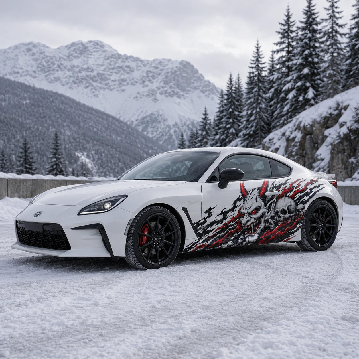 White Toyota GR86 with demon skull flame side decal – front 3/4 view in snowy alpine mountain setting