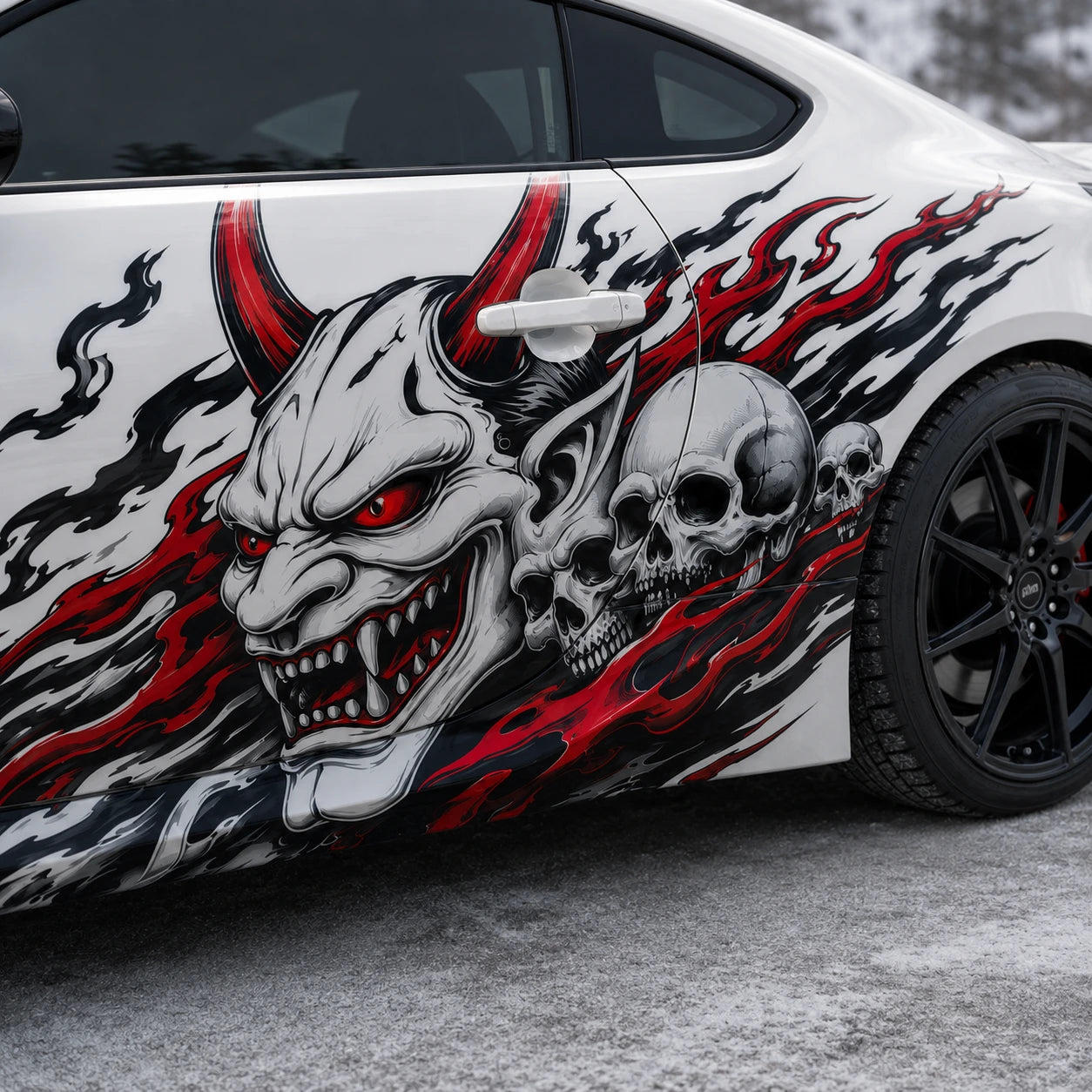 Close-up of horned demon face with red glowing eyes and skull flame vinyl decal on white Toyota GR86 door panel