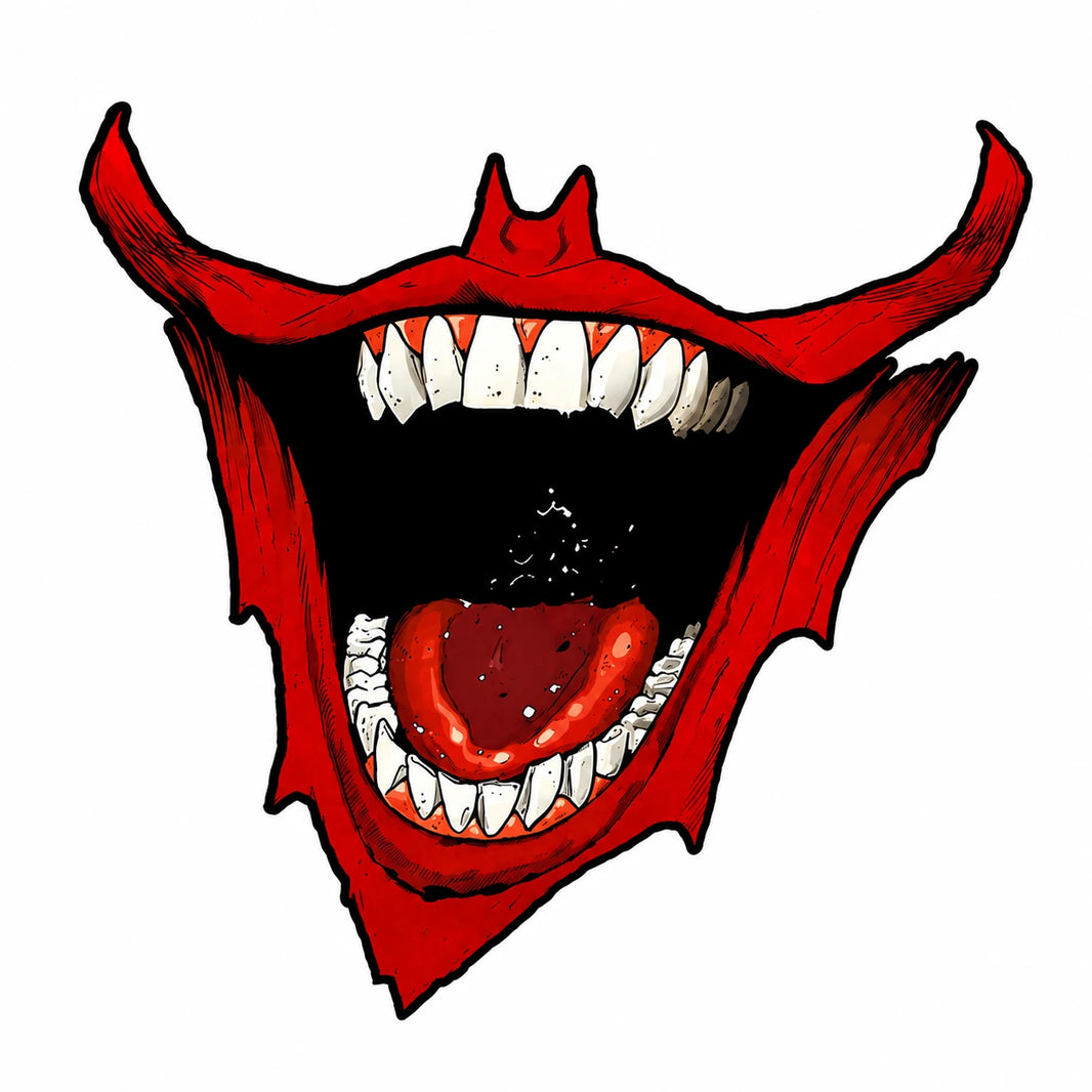 Devil mouth fang vinyl decal design isolated on white background showing full red demon screaming mouth with fangs and tongue