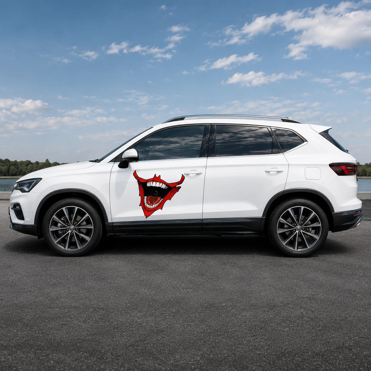 Devil mouth fang vinyl decal installed on white SUV full side view showing demon mouth spanning front door panel
