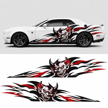 Devil tribal car decal flat layout and Dodge Challenger side profile view