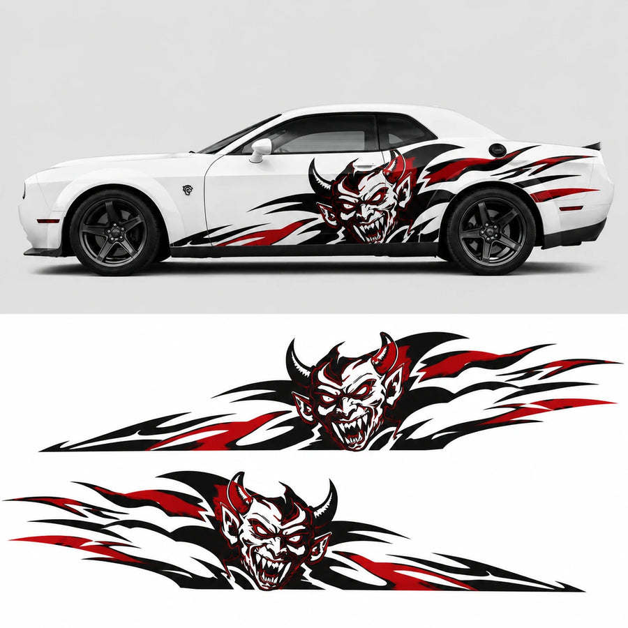 Devil tribal car decal flat layout and Dodge Challenger side profile view