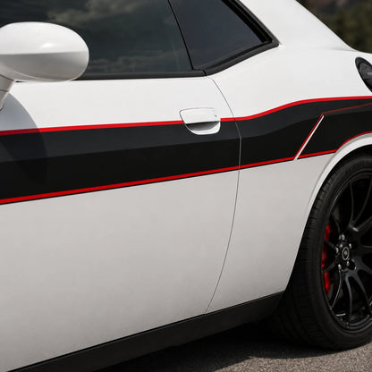 Dodge Challenger 392 HEMI racing stripe decal close-up side door black red pinstripe