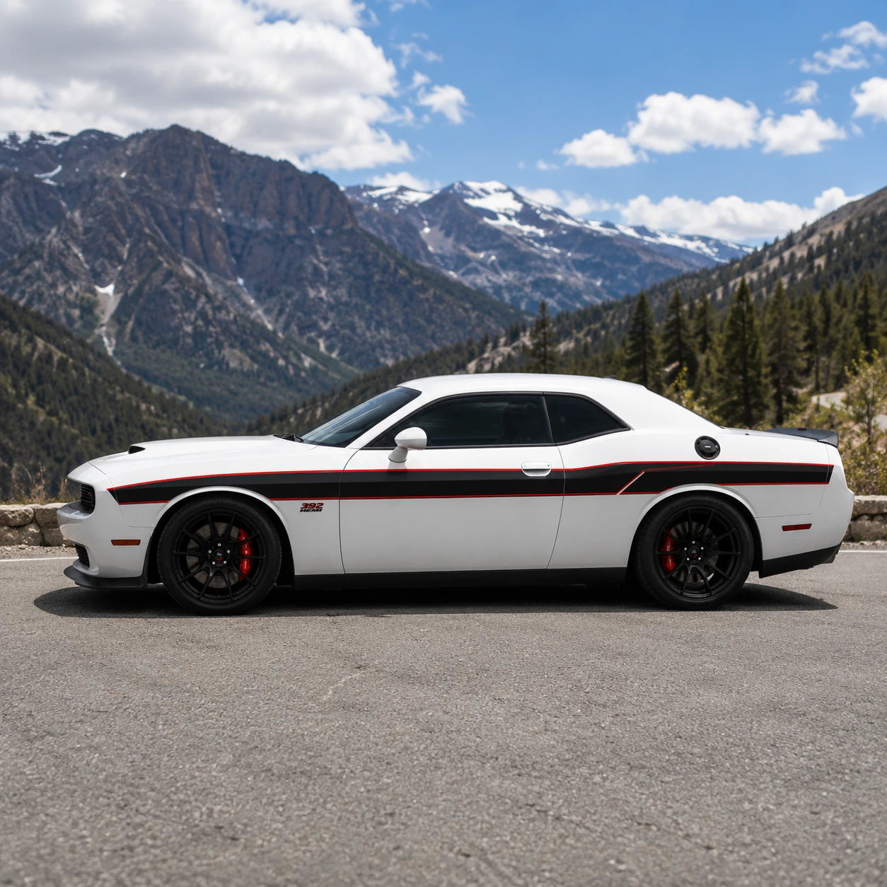 Dodge Challenger 392 HEMI racing stripe decal mountain road side profile sunny day
