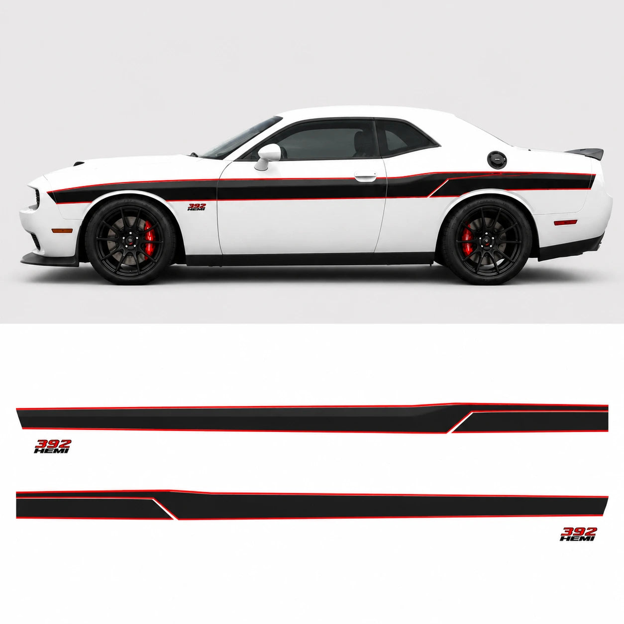 Dodge Challenger 392 HEMI side stripe decal full side view with decal sheet layout