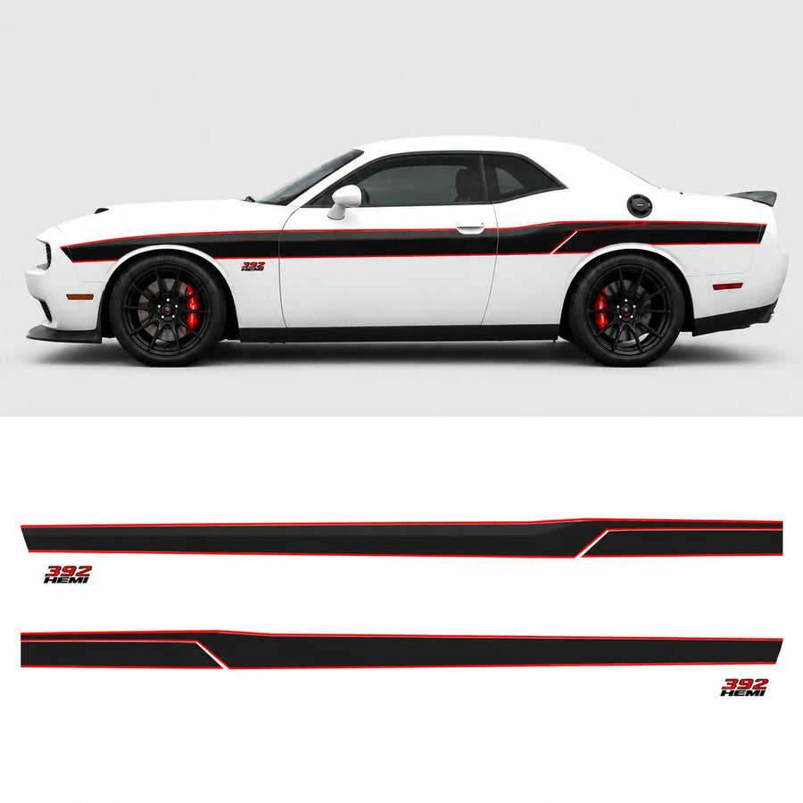 Dodge Challenger 392 HEMI side stripe decal full side view with decal sheet layout
