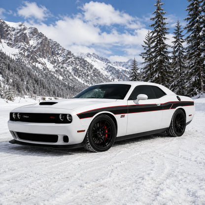 Dodge Challenger 392 HEMI stripe decal front three-quarter view snowy mountain winter