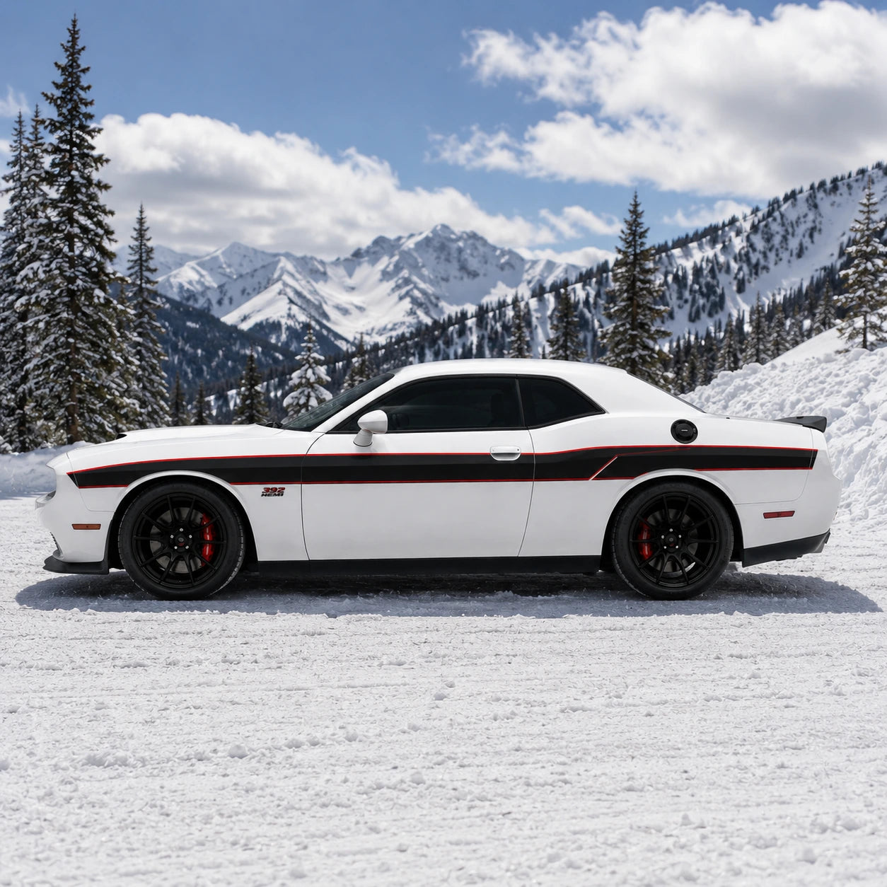 Dodge Challenger 392 HEMI racing stripe decal full side profile snowy alpine landscape