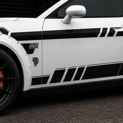 Dodge Challenger 392 HEMI Widebody racing stripe decal close-up front fender door view