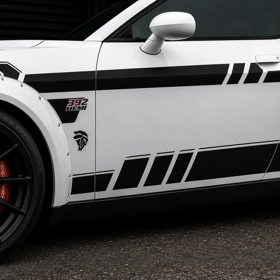 Dodge Challenger 392 HEMI Widebody racing stripe decal close-up front fender door view
