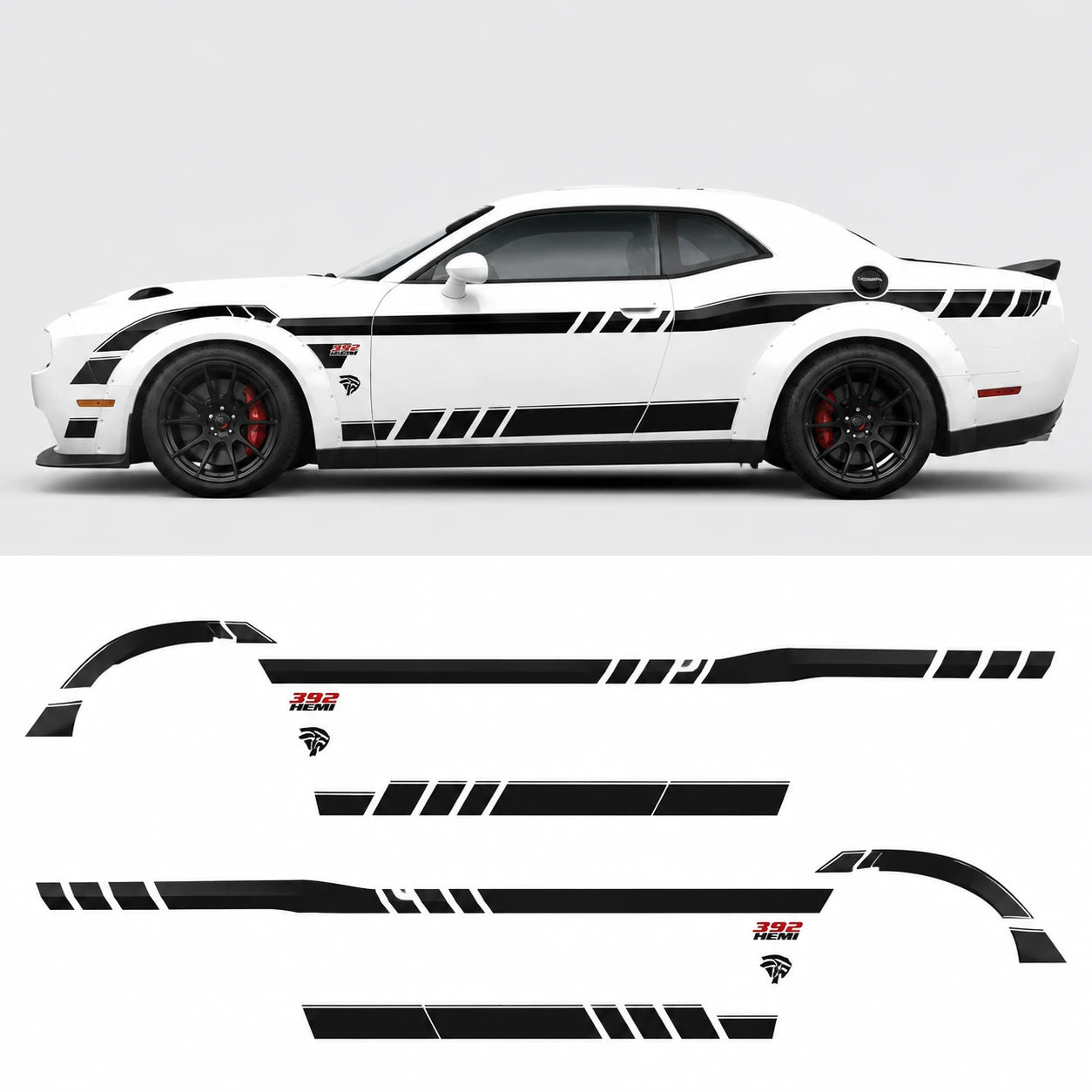 Dodge Challenger 392 HEMI Widebody racing stripe decal full side view with decal sheet layout