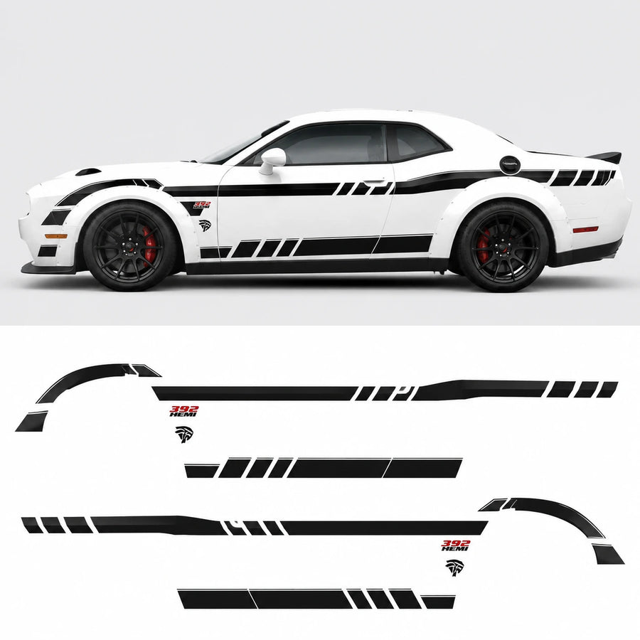 Dodge Challenger 392 HEMI Widebody racing stripe decal full side view with decal sheet layout