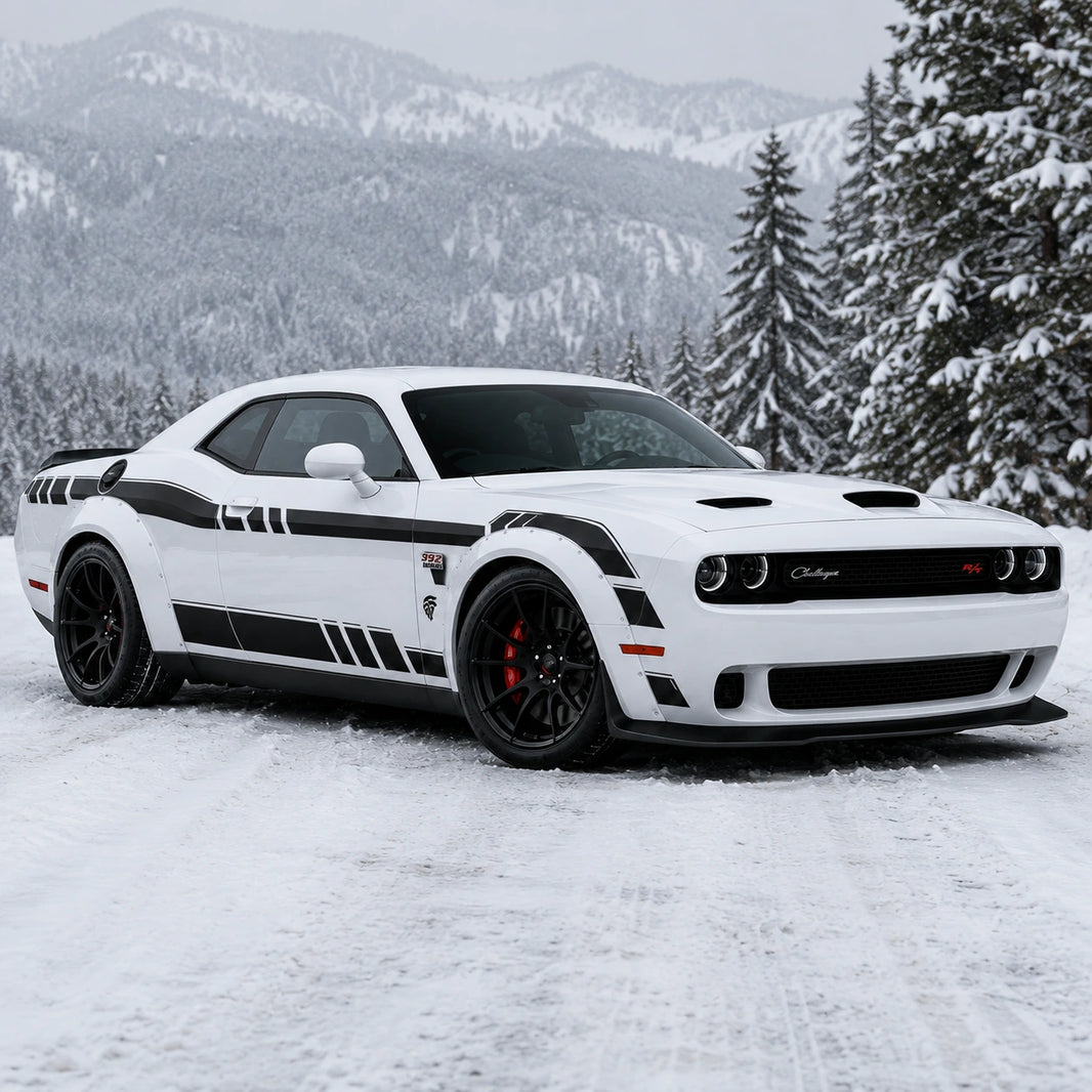 Dodge Challenger 392 HEMI Widebody racing stripe decal mountain road side profile sunny day