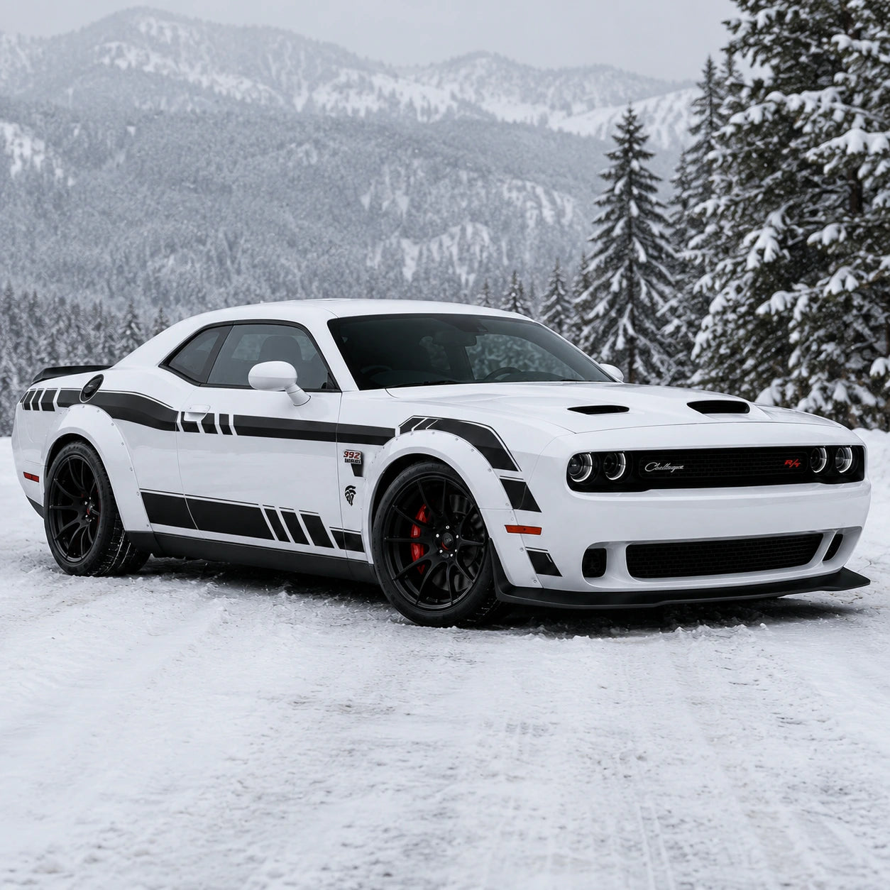 Dodge Challenger 392 HEMI Widebody racing stripe decal mountain road side profile sunny day