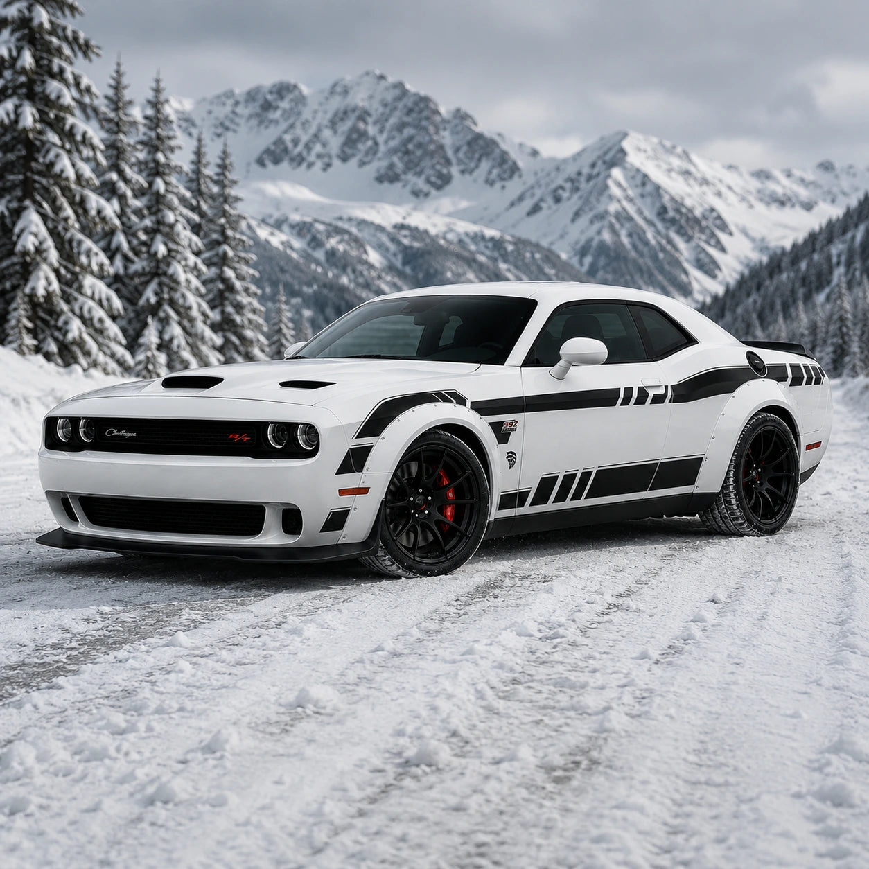Dodge Challenger 392 HEMI Widebody stripe decal front three-quarter view snowy mountain winter