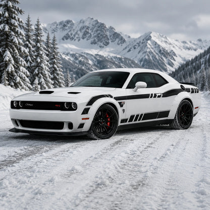 Dodge Challenger 392 HEMI Widebody stripe decal front three-quarter view snowy mountain winter