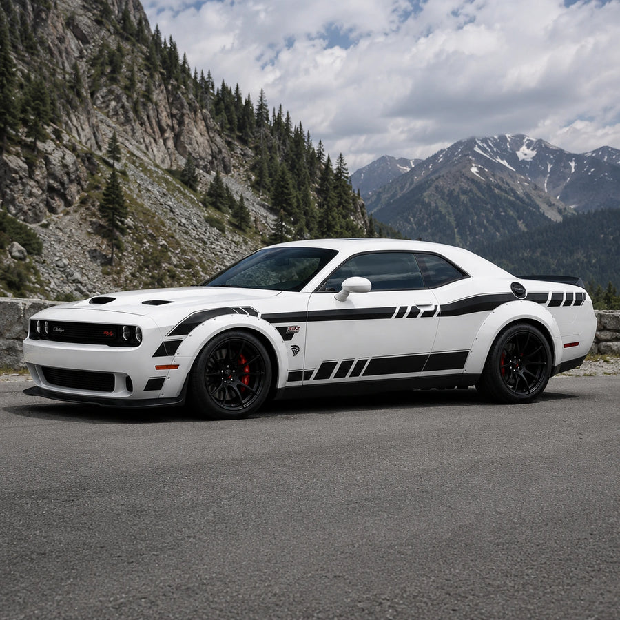 Dodge Challenger 392 HEMI Widebody racing stripe decal full side profile snowy alpine landscape