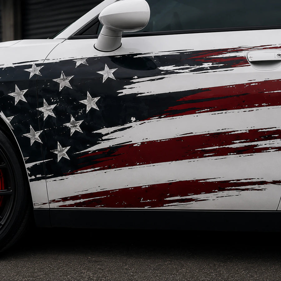Dodge Challenger American flag decal close-up side door distressed stars and stripes black red