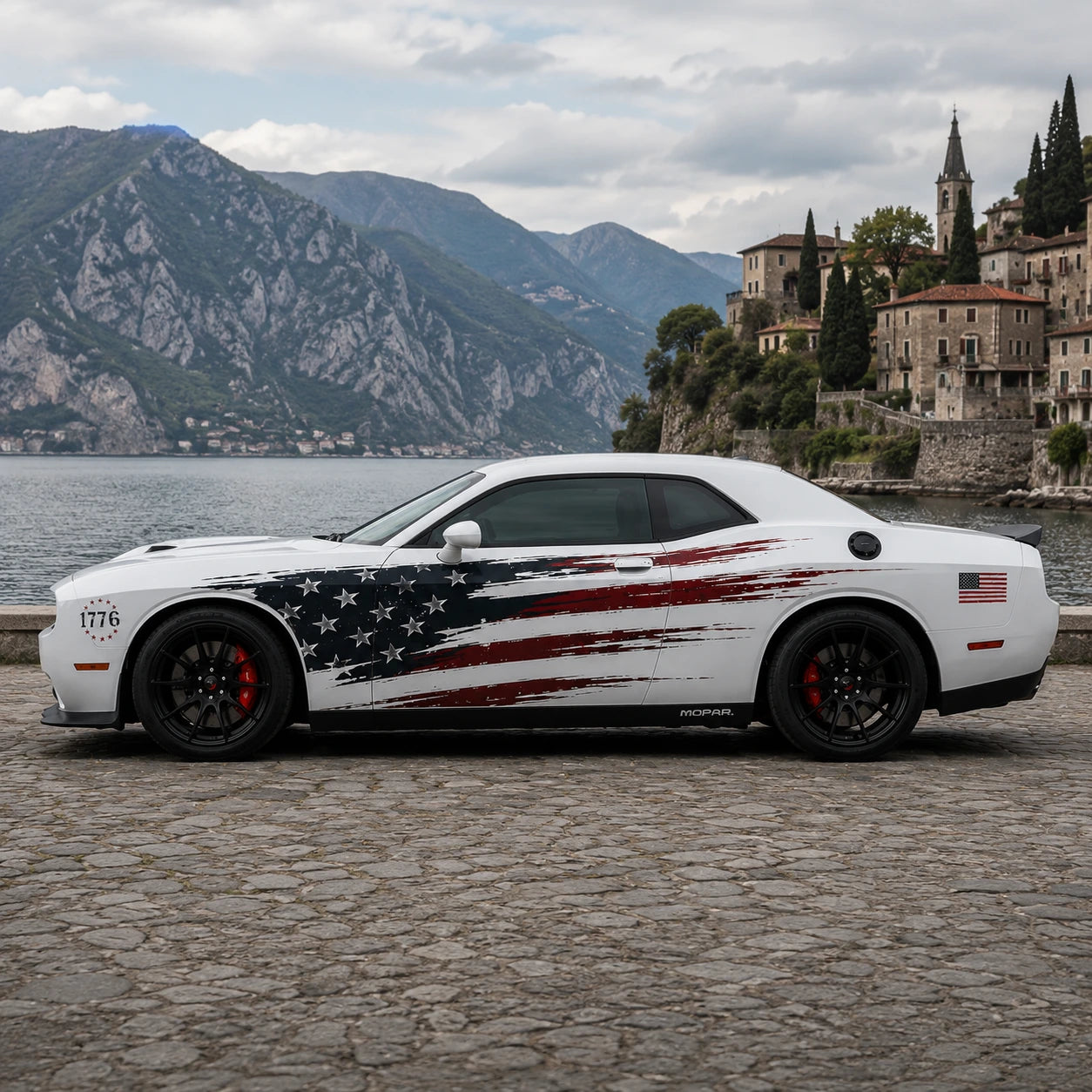 Dodge Challenger American flag side decal lakeside European village scenic side profile