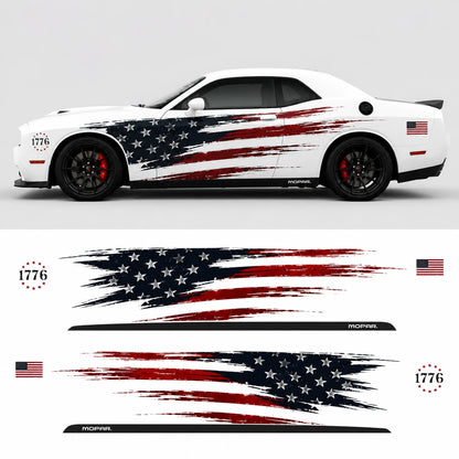 Dodge Challenger American flag decal full side view with 1776 badge and MOPAR decal sheet layout
