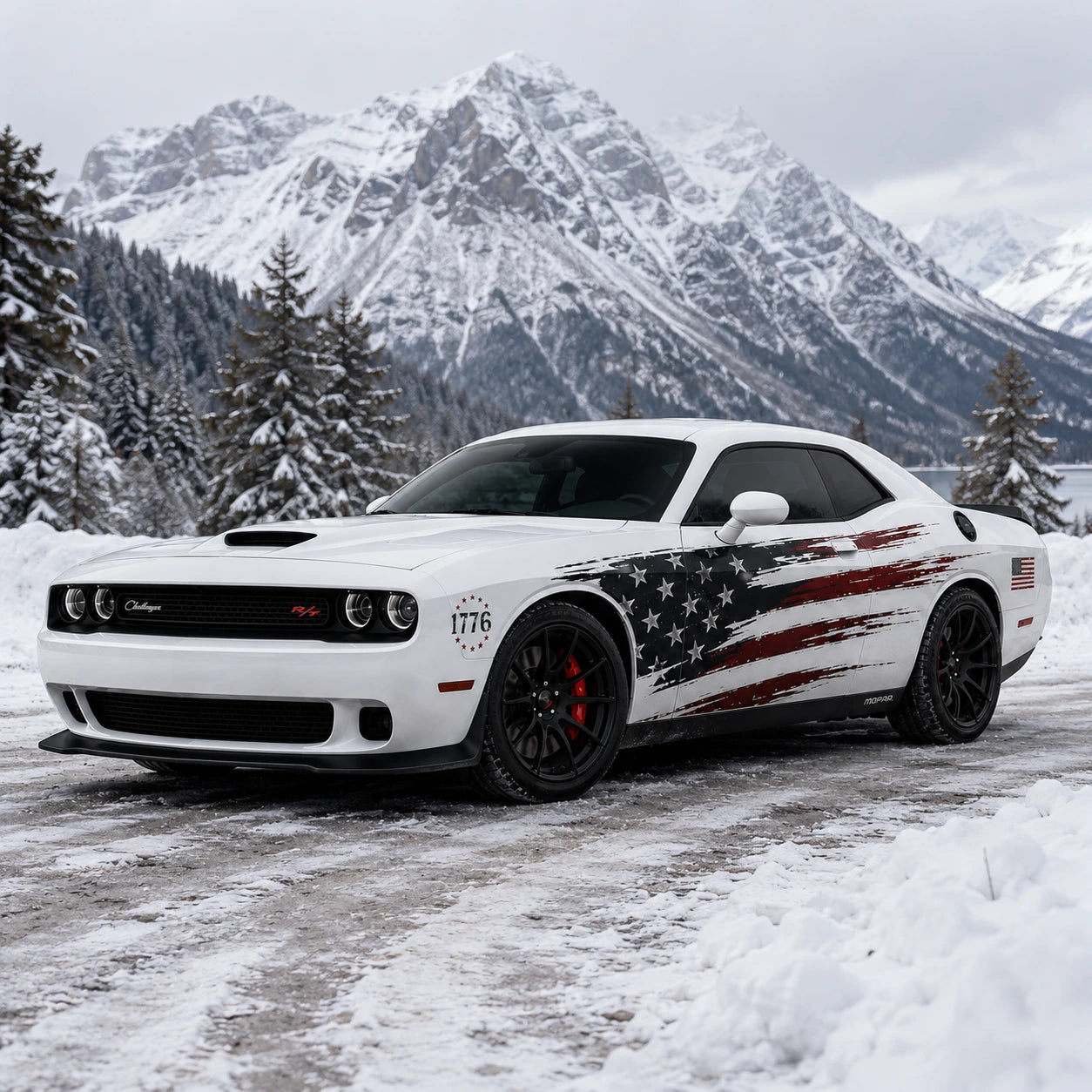 Dodge Challenger American flag decal front three-quarter view snowy mountain winter 1776 badge
