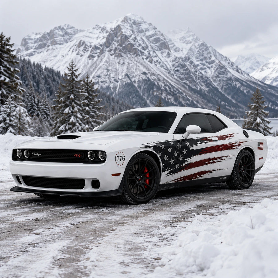 Dodge Challenger American flag decal front three-quarter view snowy mountain winter 1776 badge